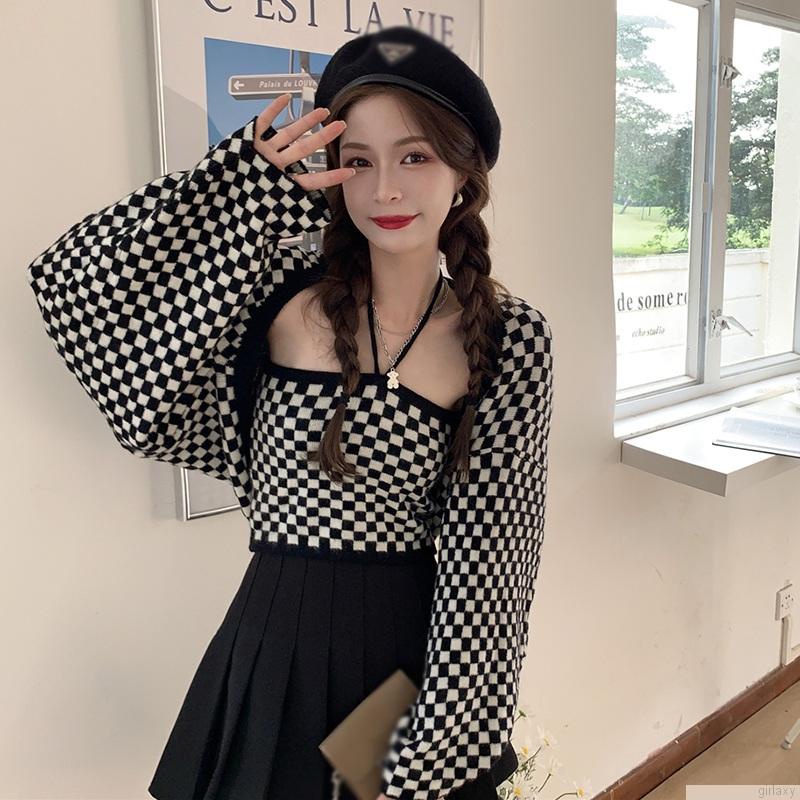 Áo cổ yếm / Áo khoác cardigan dệt kim tay dài dáng rộng sọc caro phong cách Hàn Quốc cho nữ