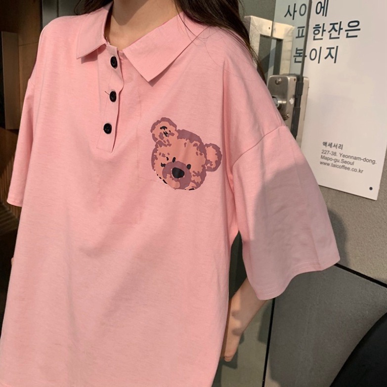 Áo thun cổ bẻ polo unisex form rộng giấu quần tay lỡ in hình gấu - Phông rộng giấu quần