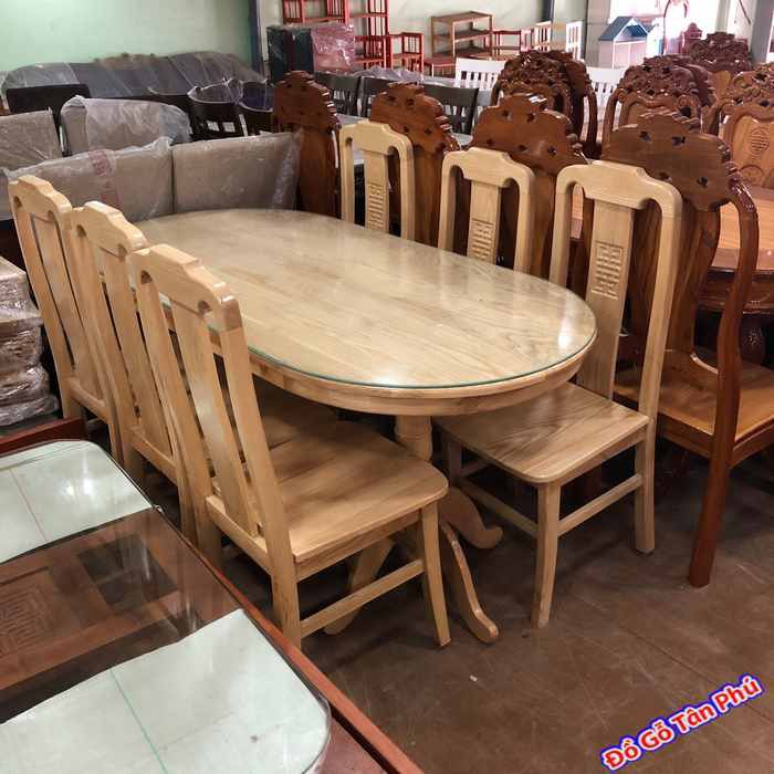 Bàn ăn 6 ghế gỗ sồi hình oval màu trắng + nâu