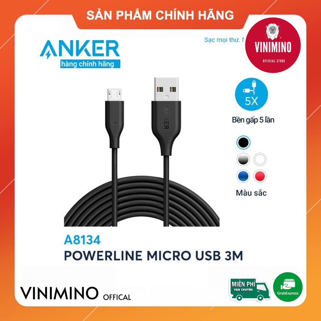 [Chính hãng] Dây cáp sạc Anker PowerLine Micro USB - A8134 dài 3m (Dùng cho máy Android cổng Micro USB-A))