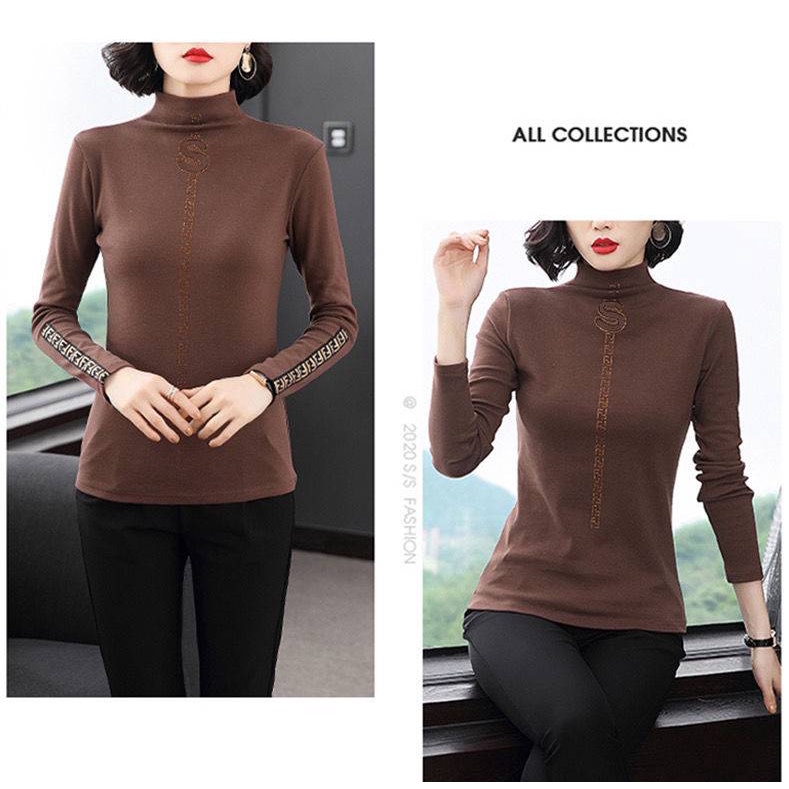 Áo thun tay dài cổ cao thời trang cho phụ nữ trung niên