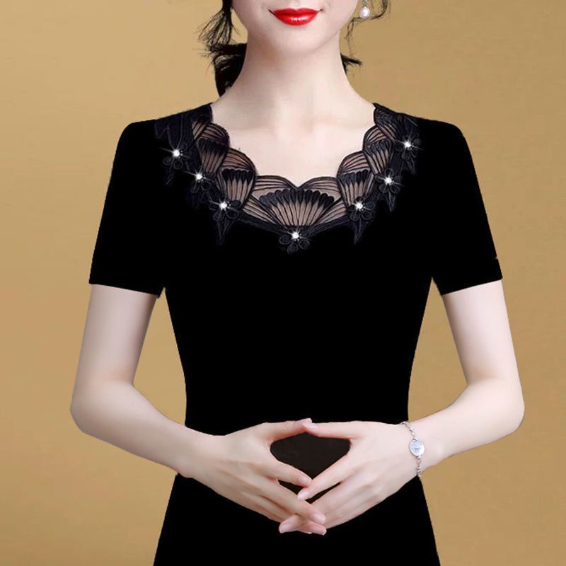 Áo kiểu tay ngắn phối ren lưới khoét lỗ thanh lịch có size lớn cho phụ nữ trung niên | BigBuy360 - bigbuy360.vn