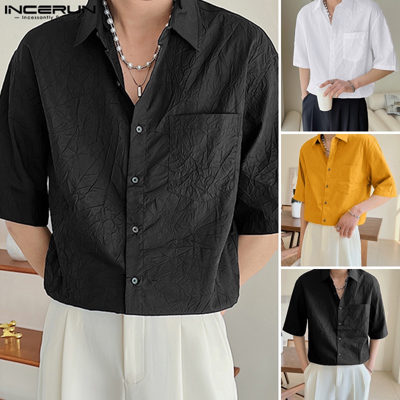 INCERUN Áo Sơ Mi Nam Tay Dài Màu Sắc Đơn Giản Size S-5XL