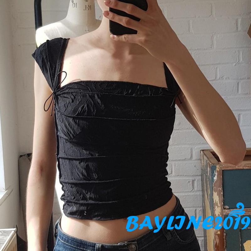 Áo Lửng Sát Nách Cổ Vuông Màu Trơn Buộc Dây Thời Trang Cho Nữ