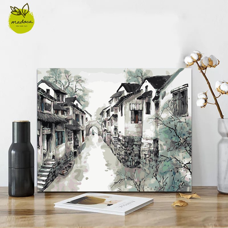 Tranh tô màu theo số hóa Madoca có khung 40x50cm phong cảnh Phố xưa T937