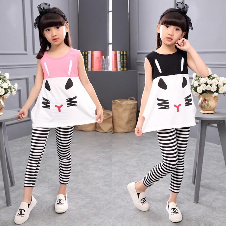 Set áo đầm cộc tay cổ tròn họa tiết mèo + quần ôm sọc dễ thương cho bé gái