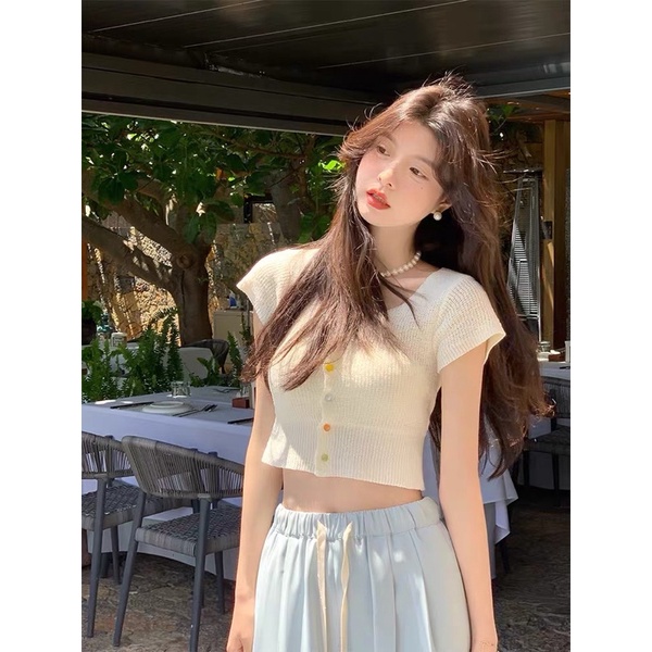Croptop len dệt kim co giãn nhiều màu phong cách Hàn Quốc xinh xắn cho nữ