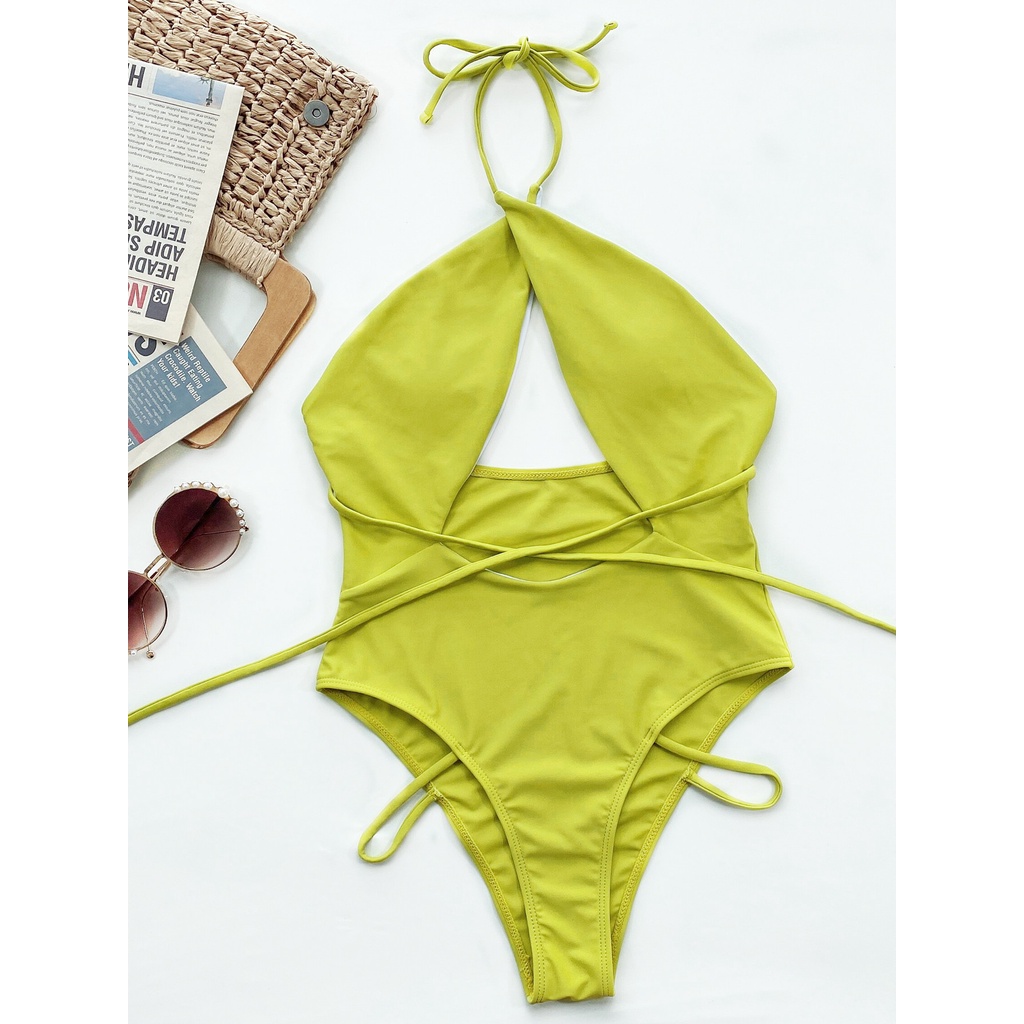 Bikini một mảnh thiết kế dây đan chéo màu xanh lá | BigBuy360 - bigbuy360.vn