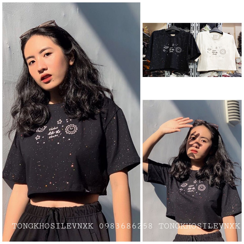 ÁO THUN NHŨ SPACE HOT - CROPTOP KIM SA STARS ĐEN TRẮNG BLING BLING