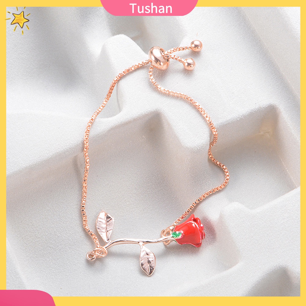 TUSH_Elegant Rose Pendant Wristband Bracelet Adjustable Bangle Women Jewelry Gift