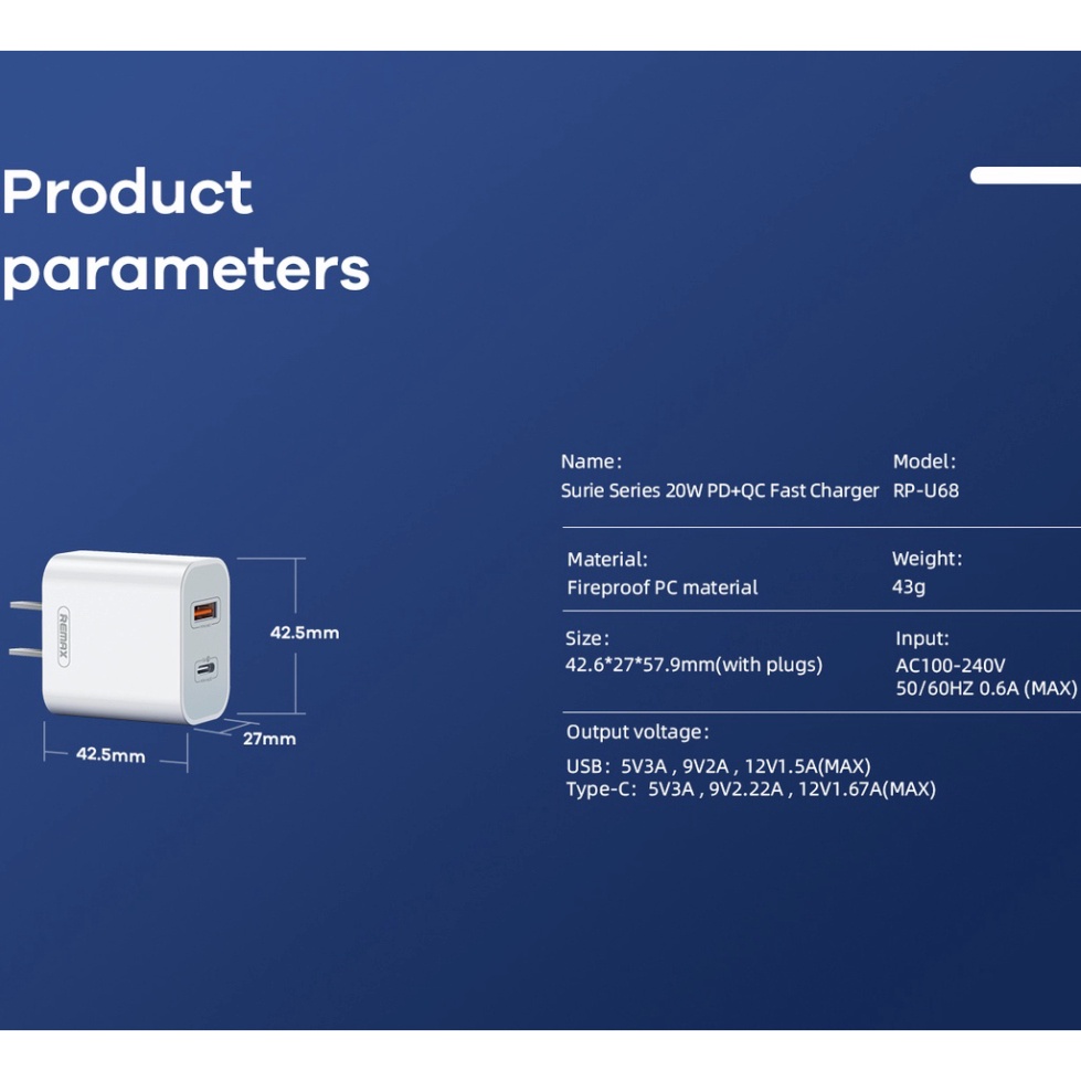 Củ Sạc Nhanh Đa Năng Chính Hãng Remax RP-U68 Tích Hợp 2 Cổng Sạc Nhanh PD20w + QC18w Thiết Kế Nhỏ Gọn
