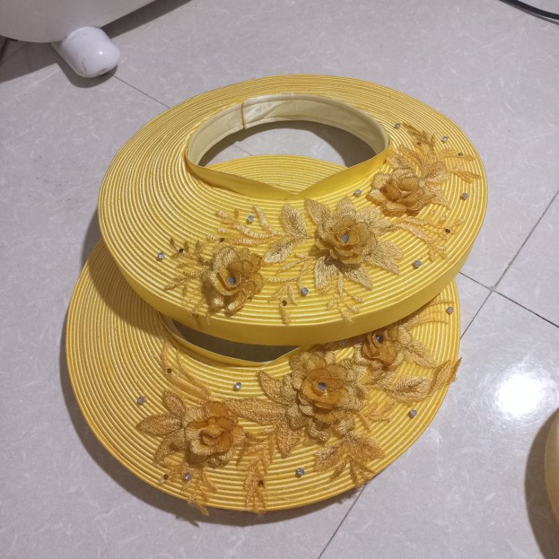 Khăn xếp cô dâu, hầu đồng màu vàng cúc hoa 3d