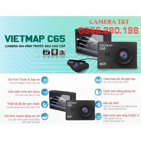 {NHẬP MÃ GIẢM 300K} CAMERA HÀNH TRÌNH GHI HÌNH TRƯỚC SAU VIETMAP C65 - CÓ CẢNH BÁO BẰNG GIỌNG NÓI - KÈM THẺ NHỚ VIETMAP