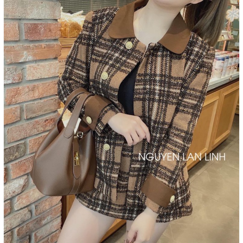 Set váy dạ nữ dày đẹp ấm áp, dễ thương.Set váy tiểu thư kẻ caro nâu, cổ bèo xinh xắn.Set đồ nữ đẹp.