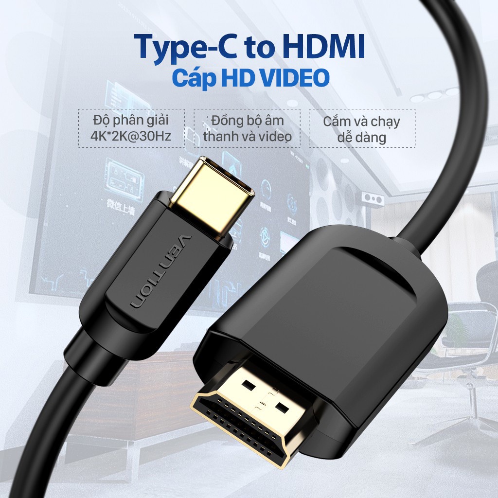 Cáp Type-C to HDMI cho Laptop, Macbook, iPad, ĐT chất lượng 4K 2K Full HD Dây cáp chuyển đổi Type-C Vention CGUBG BH 12T