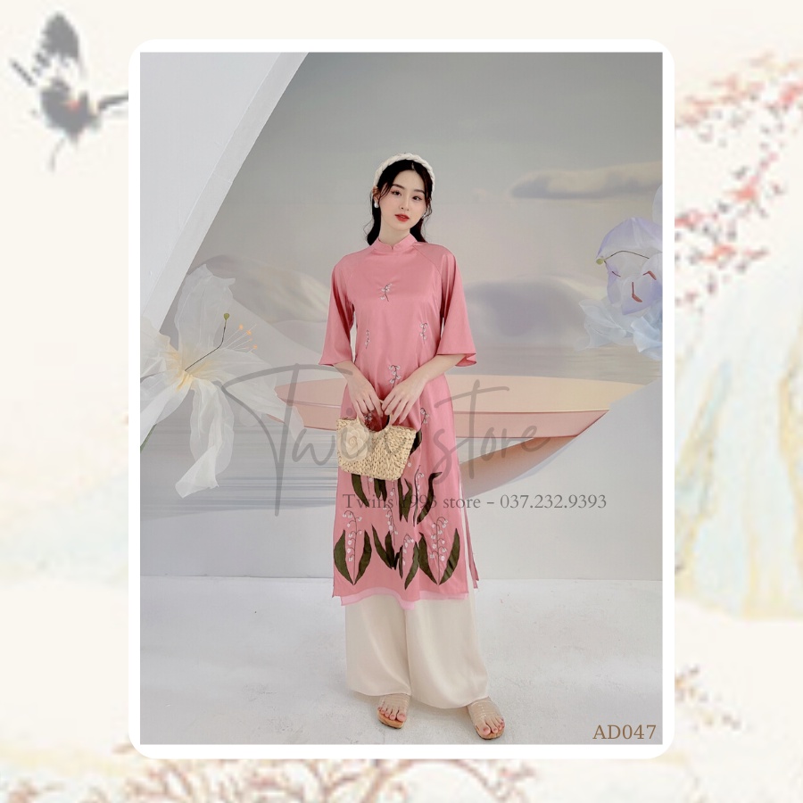 Áo dài cách tân KÈM QUẦN dáng suông TWINS STORE chất lụa vân gỗ thêu hoa, đính lá vải - AD047