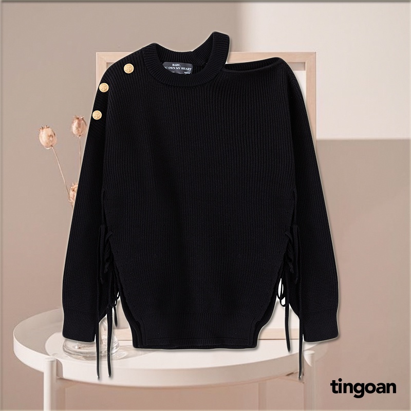 Áo len trễ vai một bên xẻ vạt buộc dây đen tingoan AFTER YOU SWEATER/BL