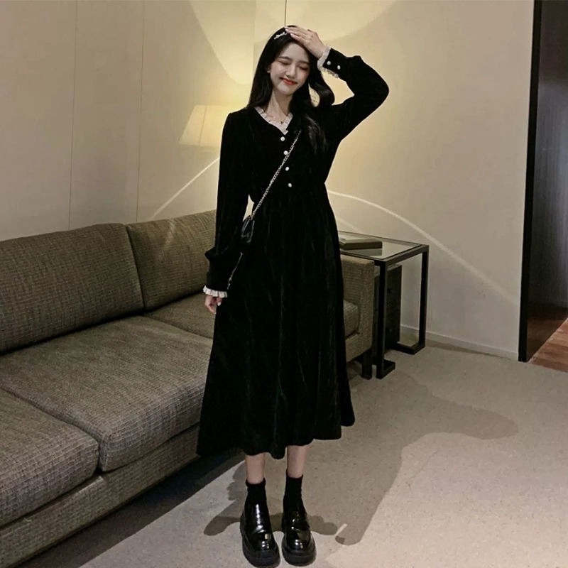 Đầm nhung phong cách retro mùa thu thời trang Hàn Quốc cho nữ