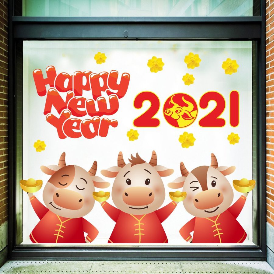 Decal chúc Tết 2021 Happy new year có keo sẵn dán được trên tường và kính