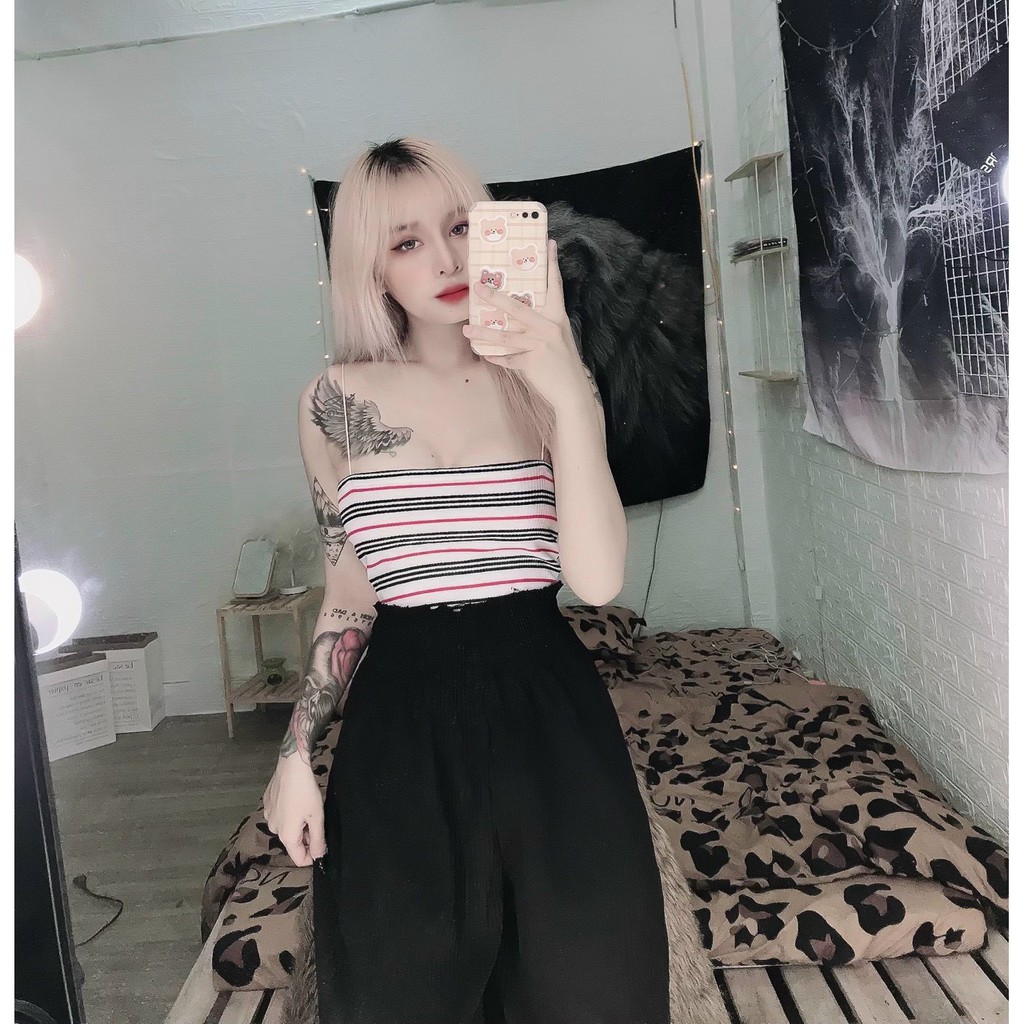 Áo hai dây bún sọc ngang croptop cực xinh , chất thun gân mềm mịn ( ảnh thật )