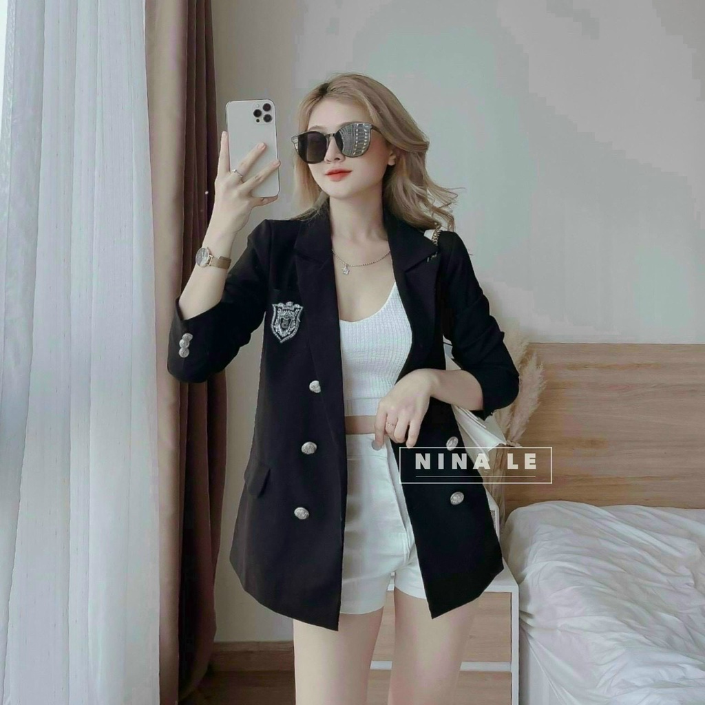 [9.9 Sales Freeship] Set Vest Bộ 3 Món Áo blazer tay dài phối nút in logo quần phồng kèm áo bra cá tính, sang trọng dx