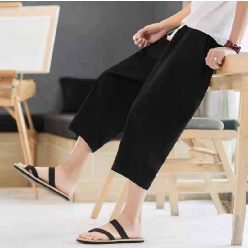 Quần dài lững qua gối unisex nam nữ chất đũi, dáng suông ống rộng lưng thun co giãn cao cấp phong cách thời trang nhật