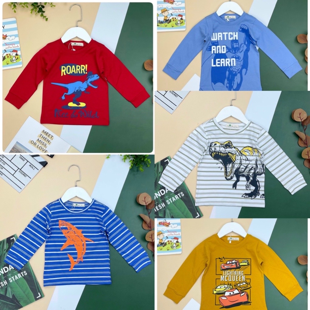Áo cotton thu đông phối hình cho bé trai, có size cho bé từ 1-10 tuổi #kẻ
