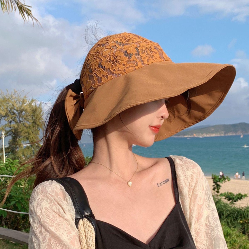 Nón Rộng Vành Che Nắng Hở Chóp Phối Ren Có Thể Gấp Gọn Thời Trang Mùa Hè Cho Nữ
