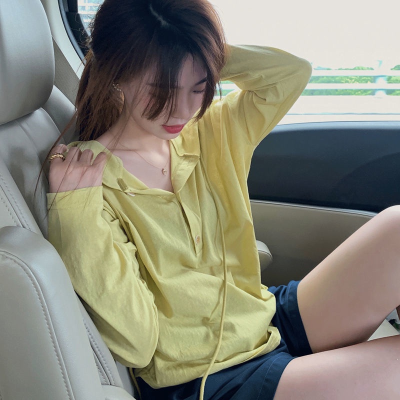 Áo Thun Mỏng Dáng Rộng Tay Dài Có Mũ Bảo Vệ Chống Nắng Mùa Hè Phong Cách Hàn Quốc Mới 2022 Cho Nữ