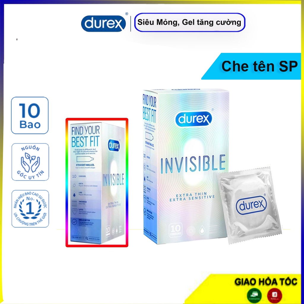 Bao cao su Durex Invisible 10 bao ⚡Siêu Mỏng 0.01mm⚡ nhiều gel, an toàn khi mang, chắc chắn không rách.