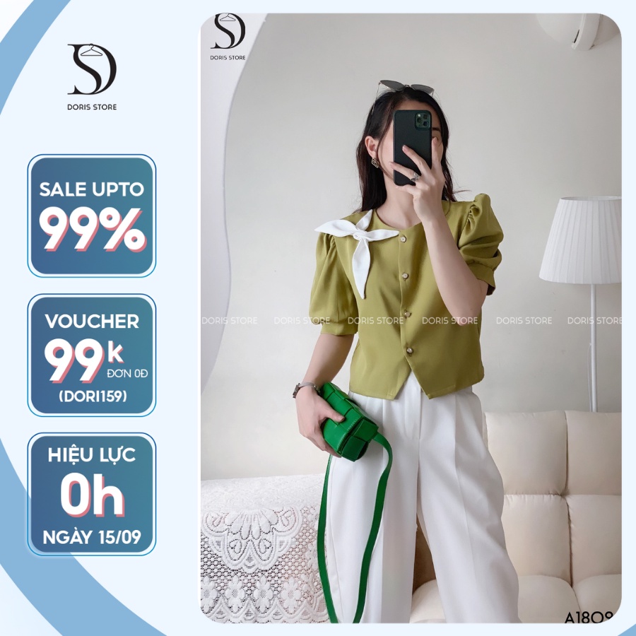 Áo sơ mi đính nơ tay ngắn DORIS, thiết kế dáng ngắn tay phồng phối nơ cổ chất liệu cao cấp A1802