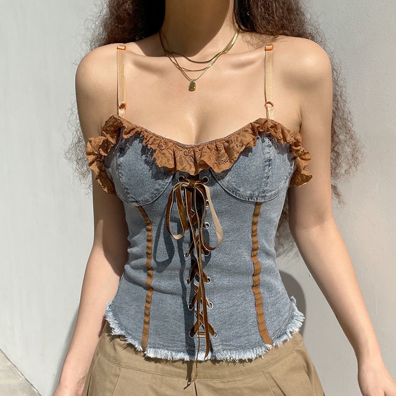 Áo Hai Dây Denim Viền Ren Phong Cách Retro Gợi Cảm Cho Nữ