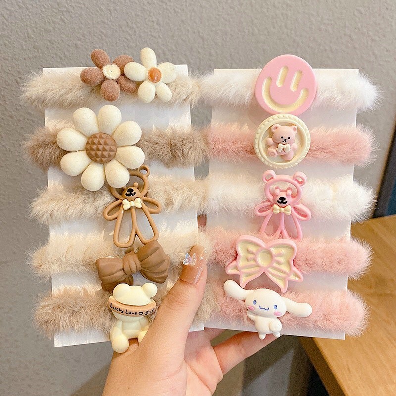 Vĩ 5 Dây Cột Tóc Nhung Lông Họa Tiết Hoạt Hình Phong Cách Hàn Quốc Xinh Xắn