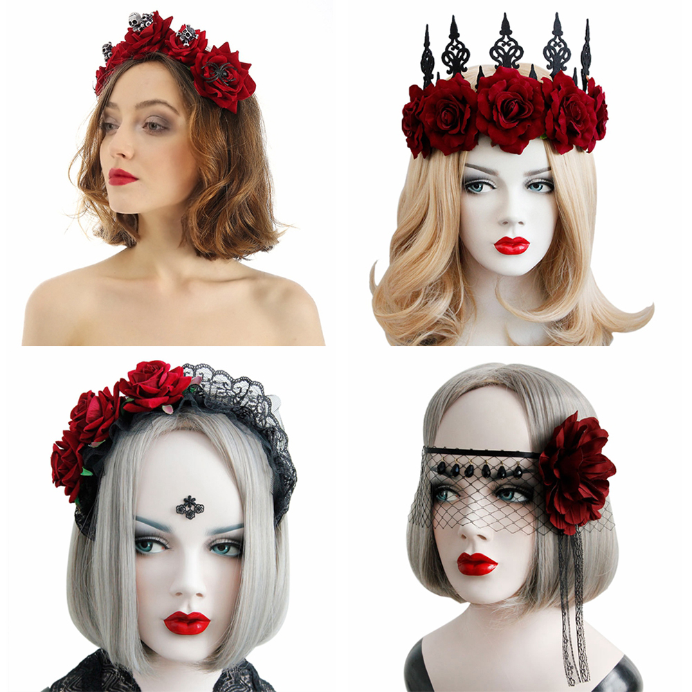 Băng đô cài tóc hoa hồng đỏ phong cách gothic dùng làm phụ kiện chụp ảnh dành cho cô dâu