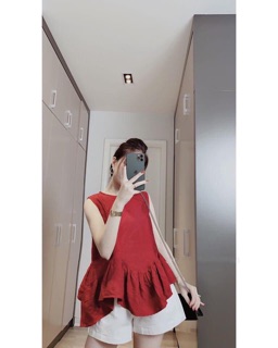 Set áo baby doll sát nách màu đỏ kèm quần đùi đũi trắng {video +ảnh thật}