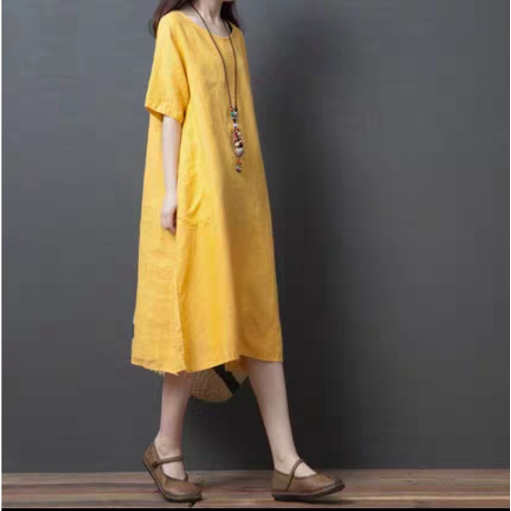 Đầm linen suông cổ tròn đai rời trẻ trung, thời trang trẻ, phong cách hàn
