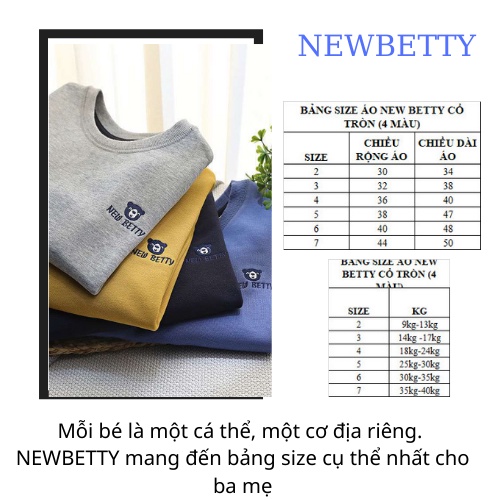 [Xả Kho] Áo thun dài tay cho bé NEW BETTY. Áo thun dài tay cho bé trai, gái. Đủ size từ 10-45kg.