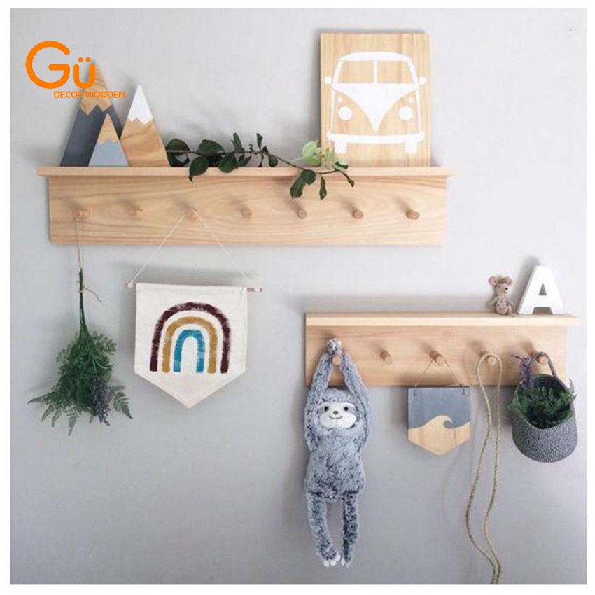 Móc gỗ gắn tường - Kệ gỗ treo tường kèm móc trang trí nhà cửa GU DECOR WOODEN