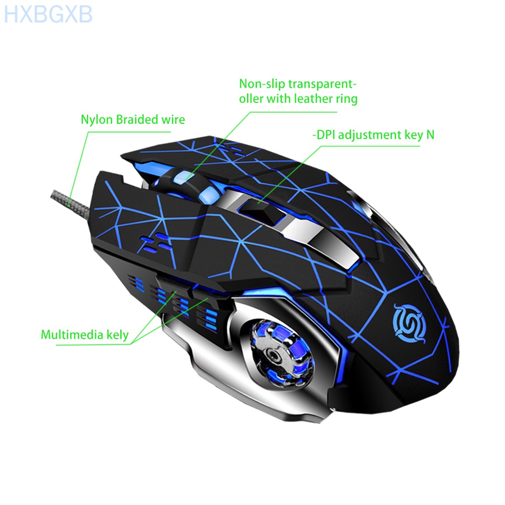 HXBG Gaming Mouse 6-button Backlit Wired Mouse 4-color Breathing Light USB Computer Input Device, Black Insect