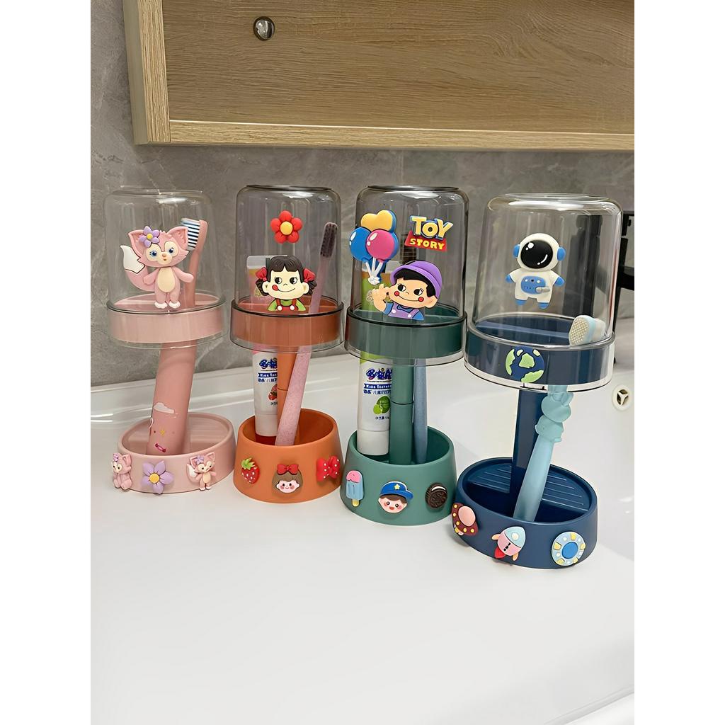 Kệ Đựng Bàn Chải Đánh Răng Kèm Cốc Bằng Nhựa Sticker Hoạ Tiết Hoạt Hình Siêu Cute Tr.th