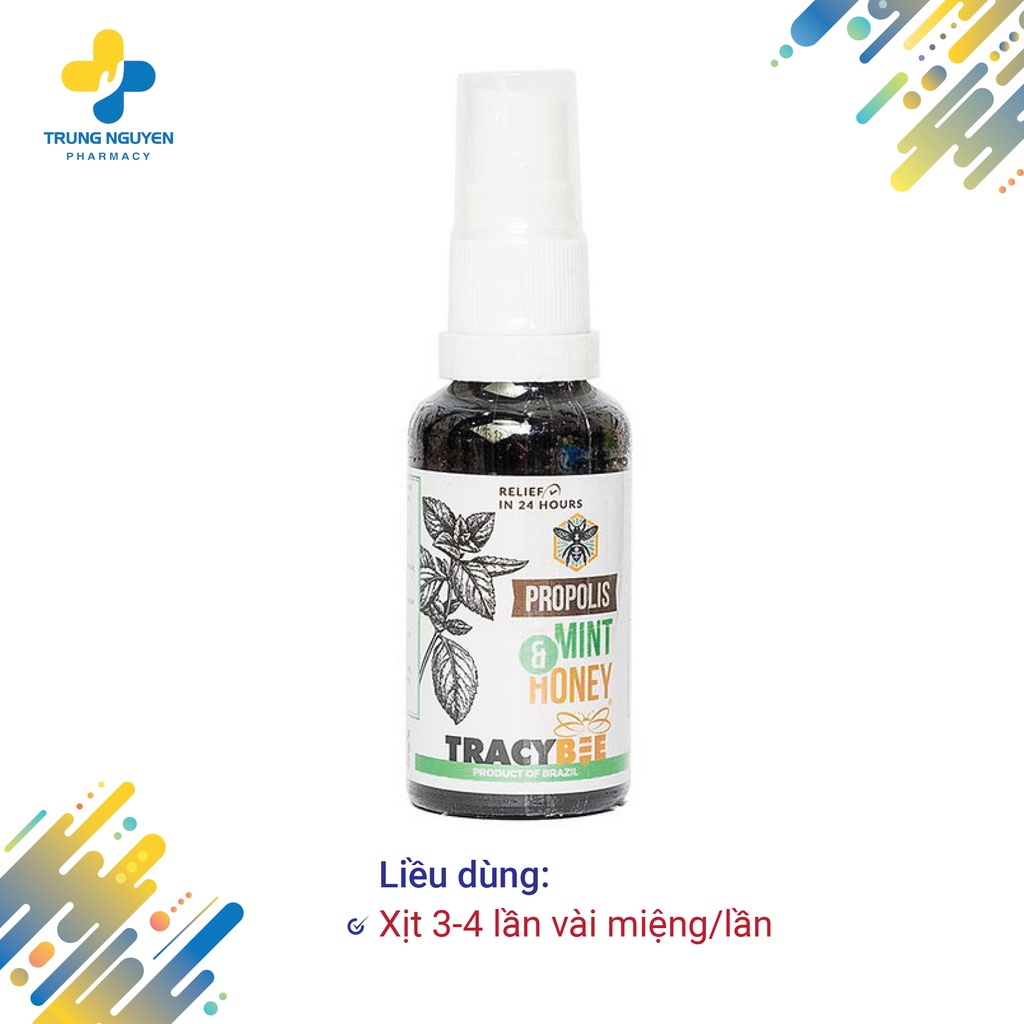 Keo Ong Xanh Brazil dạng xịt giảm viêm họng vị Bạc hà Propolis Mint & Honey Tracybee 30ml