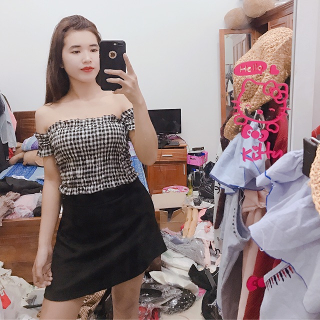 Áo bệt vai nhúng caro