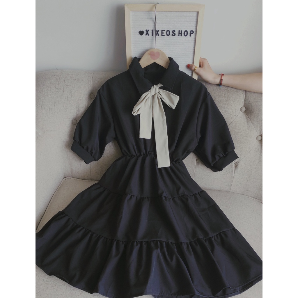 Váy nơ ngực đầm babydoll đen trắng phong cách Hàn Quốc xixeoshop - v18 | BigBuy360 - bigbuy360.vn