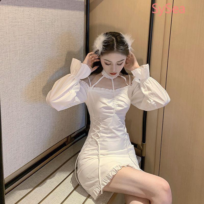 Đầm trễ vai màu trắng phong cách retro Pháp cho nữ tùy chọn kích thước