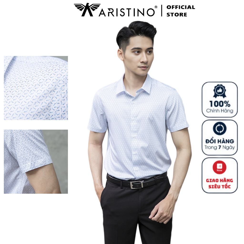Áo Sơ Mi Nam Ngắn Tay ARISTINO ASS161S1 Somi Công Sở Cao Cấp màu trắng in quả ớt Vải sợi sồi Dáng ôm tà lượn không túi