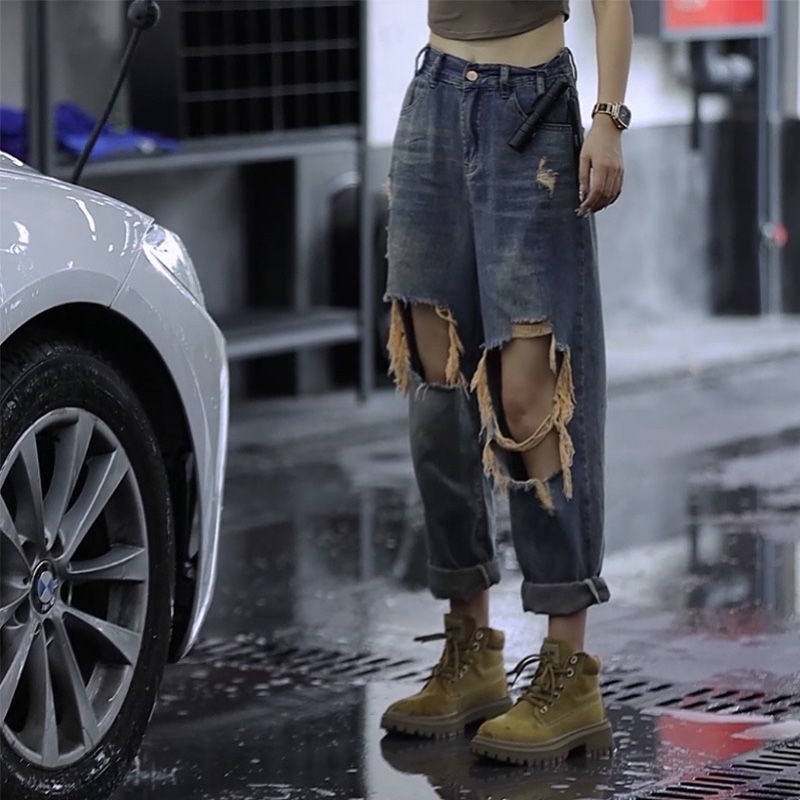 Jiashucheng Quần Jean Nữ Lưng Cao Ống Rộng Rách Gối Thời Trang