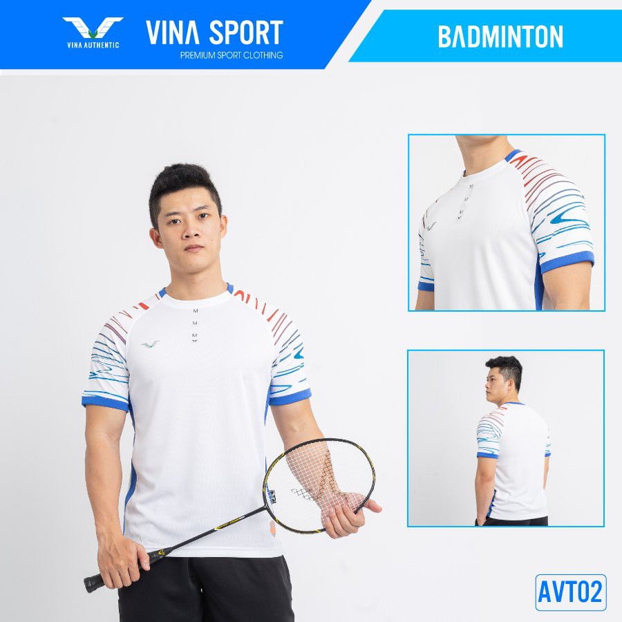 Áo Cầu Lông Nam Cổ Tròn AVT02 Vina Sport, Chất Thun Poly Thấm Hút Mồ Hôi, Thoáng Mát, Co Dãn Tốt, Full Size, Đồ Tập Gym