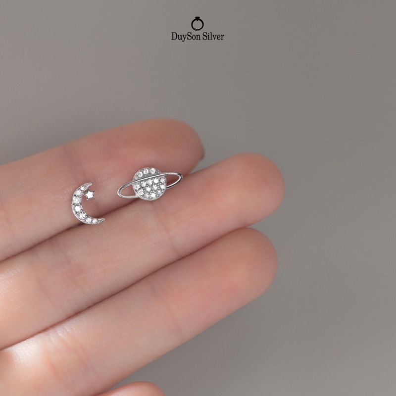 Khuyên tai bạc nữ trái đất mặt trăng, bông tai bạc 925 DUYSON SILVER