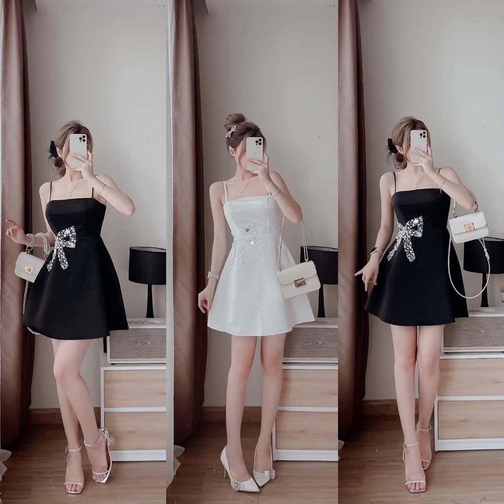 Đầm dự tiệc 2 dây dáng xòe nhẹ phối nơ đá sang chảnh Nali Dress