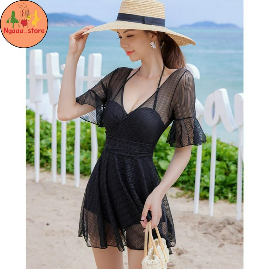 Đồ bơi nữ liền thân đi biển kín đáo BK0666, Bikini 1 mảnh tay cánh tiên có quần bảo hộ chân váy phong cách hàn quốc